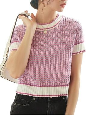 Women's Pink Knit Short-Sleeve Sweater Top